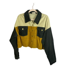 Altard State Cordoury Cropped Jacket Sz L Raw Hem Colorblock Mustard Green Beige